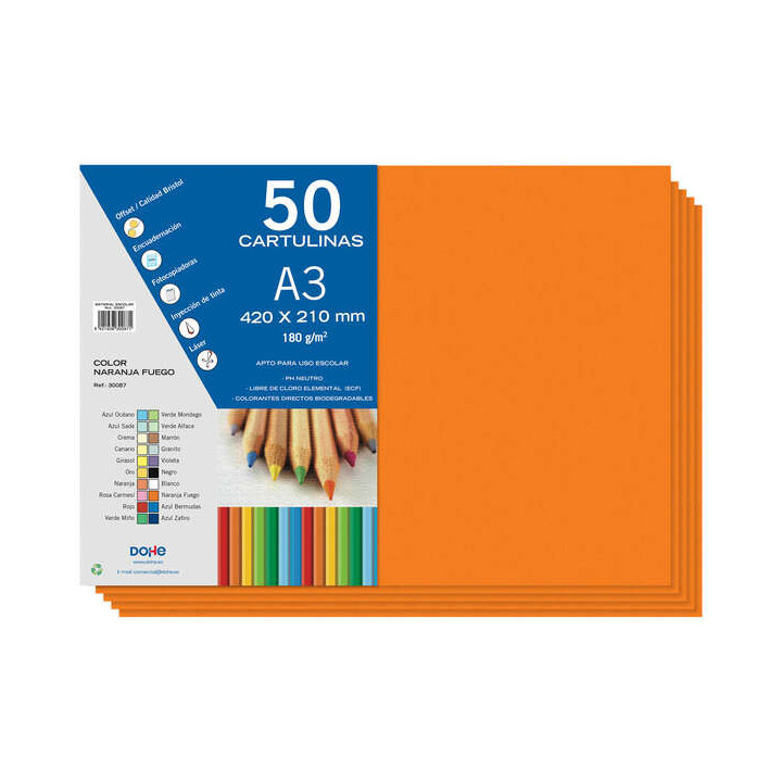 Dohe Pack de 50 Cartulinas A3 de 180gr - Con PH Neutro - Libres de Cloro Elemental - Color Naranja