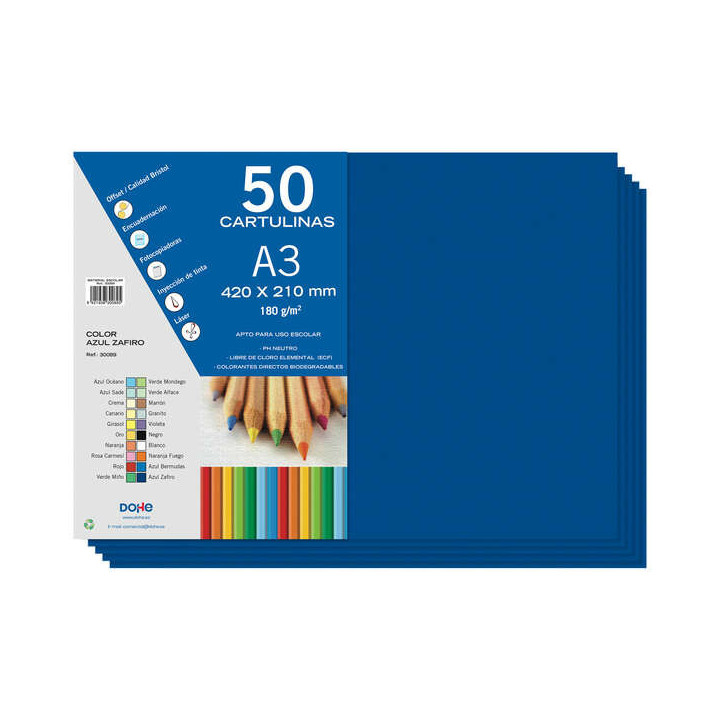 Dohe Pack de 50 Cartulinas A3 de 180gr - Con PH Neutro - Libres de Cloro Elemental - Color Azul Zafiro