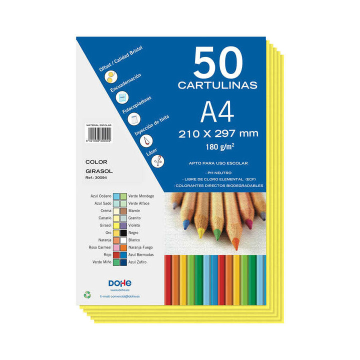Dohe Pack de 50 Cartulinas A4 de 180gr - Con PH Neutro - Libres de Cloro Elemental - Color Girasol