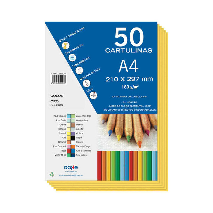 Dohe Pack de 50 Cartulinas A4 de 180gr - Con PH Neutro - Libres de Cloro Elemental - Color Oro