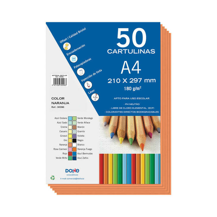 Dohe Pack de 50 Cartulinas A4 de 180gr - Con PH Neutro - Libres de Cloro Elemental - Color Naranja