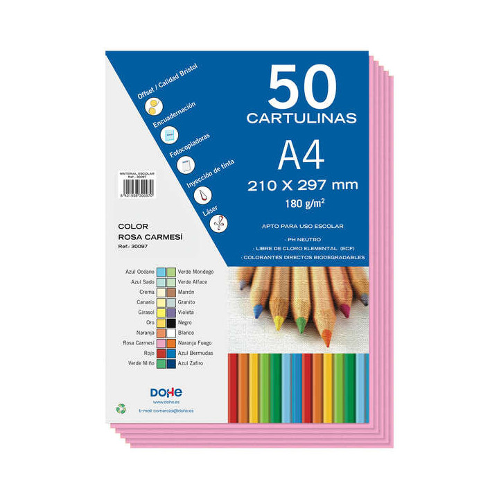 Dohe Pack de 50 Cartulinas A4 de 180gr - Con PH Neutro - Libres de Cloro Elemental - Color Rosa