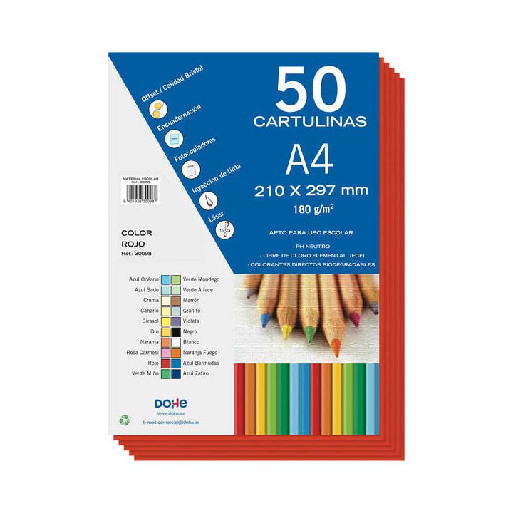 Dohe Pack de 50 Cartulinas A4 de 180gr - Con PH Neutro - Libres de Cloro Elemental - Color Rojo