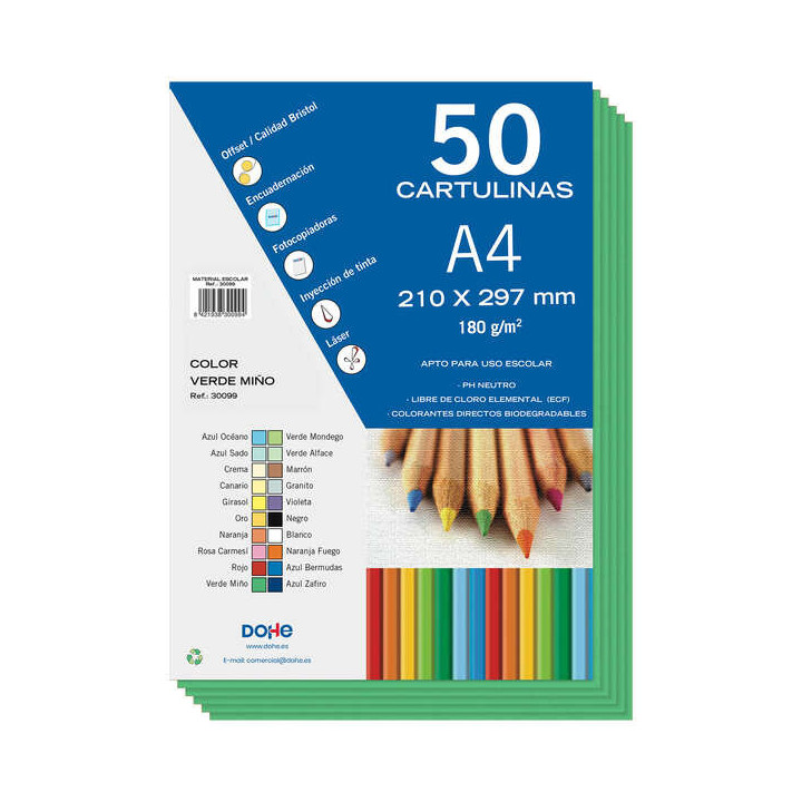 Dohe Pack de 50 Cartulinas A4 de 180g/m2 - PH Neutro - Libres de Cloro Elemental - Colorantes Biodegradables - Color Verde Miñ