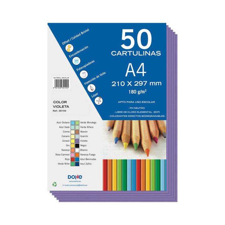 Dohe Cartulinas de Colores de 180 G/M2 - Tamaño A4 - PH Neutro - Libres de Cloro Elemental - Colorantes Biodegradables