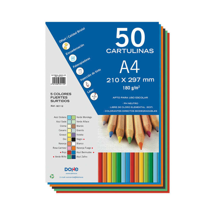 Dohe Pack de 50 Cartulinas A4 de 180gr - Con PH Neutro - Libres de Cloro Elemental - Colores Intensos Surtidos