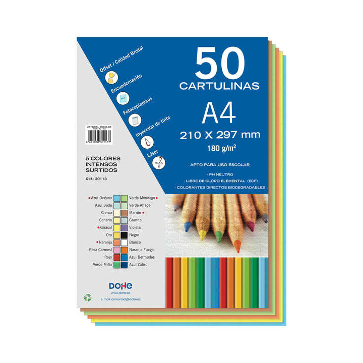 Dohe Pack de 50 Cartulinas A4 de 180gr - Con PH Neutro - Libres de Cloro Elemental - Colores Intensos Surtidos