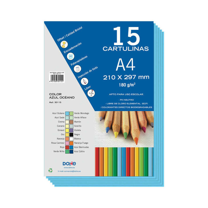 Dohe Pack de 15 Cartulinas A4 de 180gr - Con PH Neutro - Libres de Cloro Elemental - Color Azul Oceano