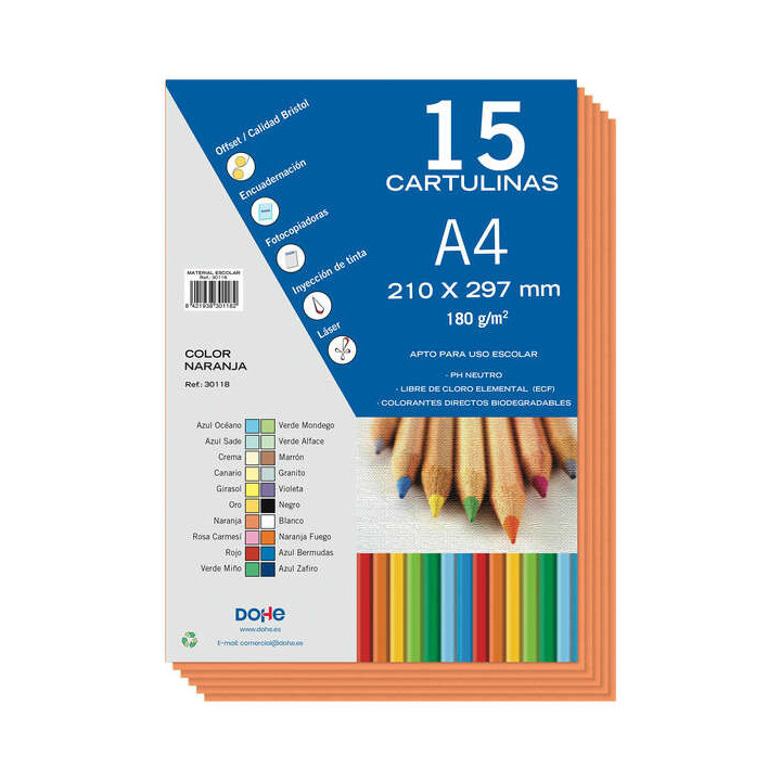 Dohe Pack de 15 Cartulinas A4 de 180gr - Con PH Neutro - Libres de Cloro Elemental - Color Naranja