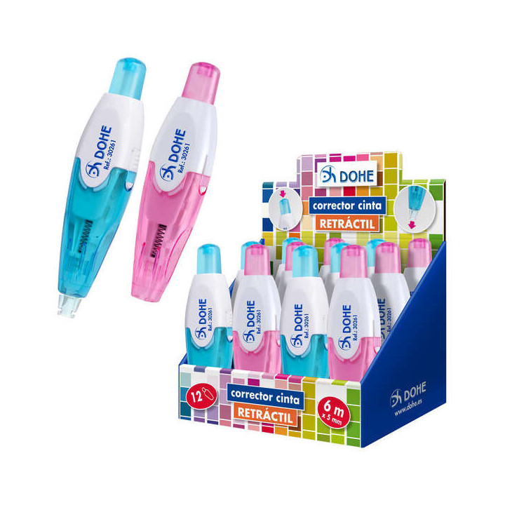Dohe Expositor con 12 Correctores de Cinta Retractiles 5mm x 6m - Cuerpo Traslucido - Colores Azul y Rosa