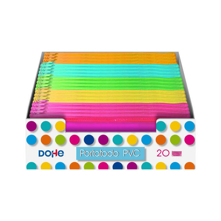 Dohe Expositor con 20 Portatodos Simples Planos - Fabricados en PVC de 280 Micras Transparente - Cierre de Cremallera - Colores