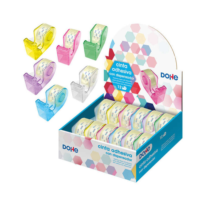 Dohe Expositor con 12 Dispensadores de Cinta Adhesiva - Cinta Adhesiva de 18mmx20M - Practico y Versatil - Colores Surtidos
