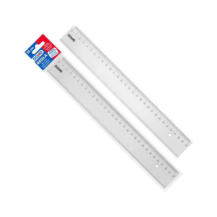 Dohe Regla de 30cm - Plastico Inyectado Transparente Cristal - Cantos Biselados y con Reborde - en Bolsa Individual