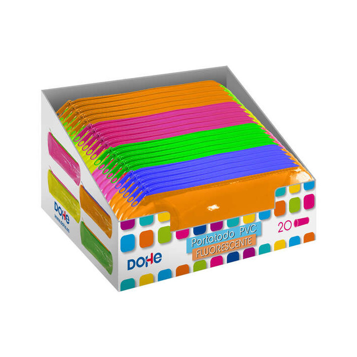 Dohe Expositor con 20 Portatodos Simples Redondos - Fabricados en PVC de 280 Micras Transparente Fluorescente - Cierre de Crema