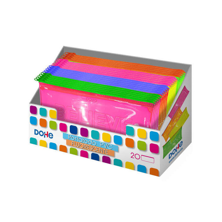 Dohe Expositor con 20 Portatodos Simples Planos - Fabricados en PVC de 280 Micras Transparente Fluorescente - Cierre de Cremall