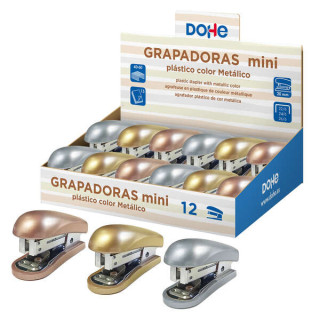 Dohe Expositor de 12 Mini grapadoras de Sobremesa - Materiales Plasticos de Primera Calidad - Capacidad de Grapado hasta 15 Hoj