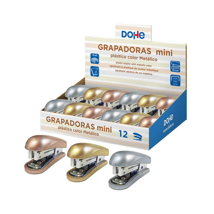 Dohe Expositor de 12 Mini grapadoras de Sobremesa - Materiales Plasticos de Primera Calidad - Capacidad de Grapado hasta 15 Hoj