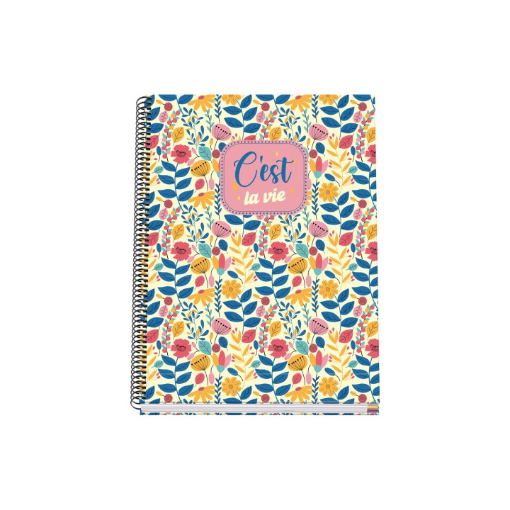 Dohe C`est la Vie Cuaderno Espiral A4 100 Hojas Microperforadas Cuadricula 5mm - Tapa Dura Carton Forrado - Bandas de Color