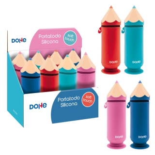 Dohe Lapiz Expositor con 8 Portatodos Simples de Silicona con Forma de Lapiz - Cierre con Cremallera y Tirador de Goma - Con Ve