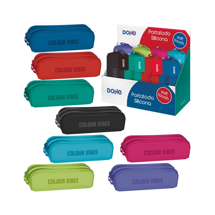 Dohe Colour Vibes Expositor con 8 Portatodos Dobles de Silicona - Cierre con Cremallera y Tirador de Goma - Colores Surtidos