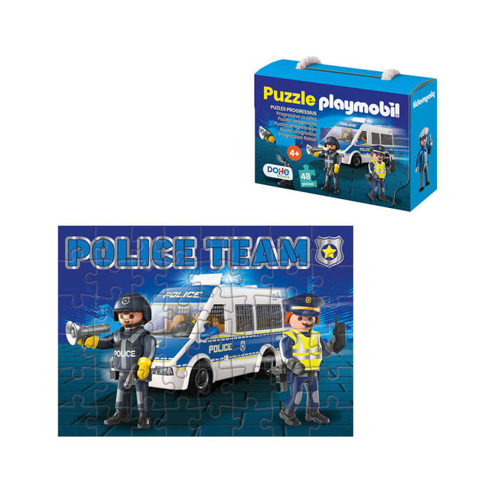 Dohe Playmobil Puzzle para Niños de 48 Piezas - Tematica Policia - Doble Capa de Carton - Capa Intermedia de Contrachapado - E