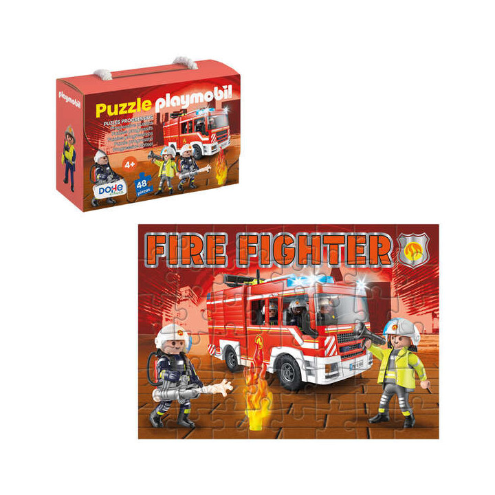Dohe Playmobil Puzzle para Niños de 48 Piezas - Tematica Bomberos - Doble Capa de Carton - Capa Intermedia de Contrachapado -