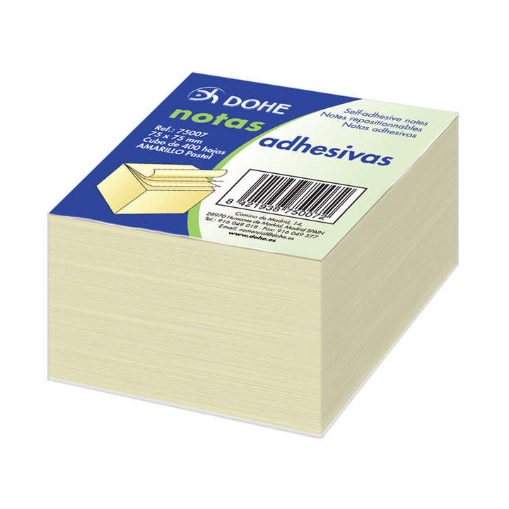 Dohe Cubo de 400 Notas Reposicionables - Tamaño 75x75mm - Papel de 75gr - Ideal para Oficina y Escuela - Color Amarillo Claro