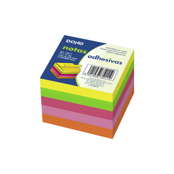 Dohe Cubo de 400 Notas Reposicionables - Tamaño 75x75mm - Papel de 75gr - Ideal para Oficina y Escuela - Colores Neon Surtidos