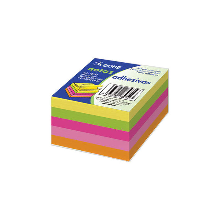 Dohe Cubo de 250 Notas Reposicionables - Tamaño 50x50mm - Papel de 75gr - Ideal para Oficina y Escuela - Colores Neon Surtidos