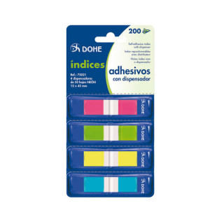 Dohe Pack de 4 Mini-Indices Adhesivos Reposicionables de 50uds cada Uno - Medidas 12x45mm - Dispensador con 4 Colores - Ideal p