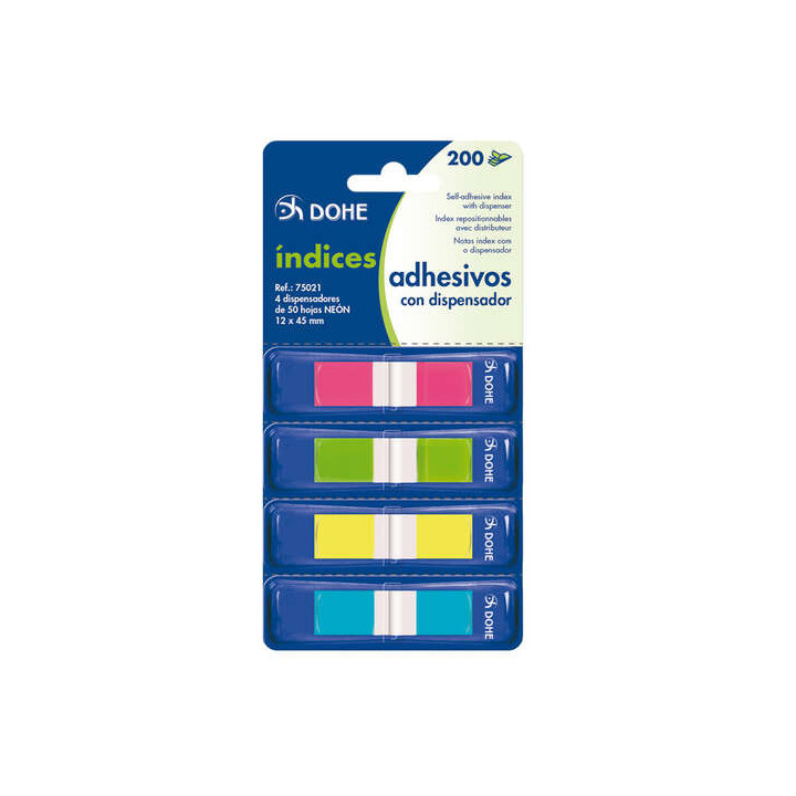Dohe Pack de 4 Mini-Indices Adhesivos Reposicionables de 50uds cada Uno - Medidas 12x45mm - Dispensador con 4 Colores - Ideal p
