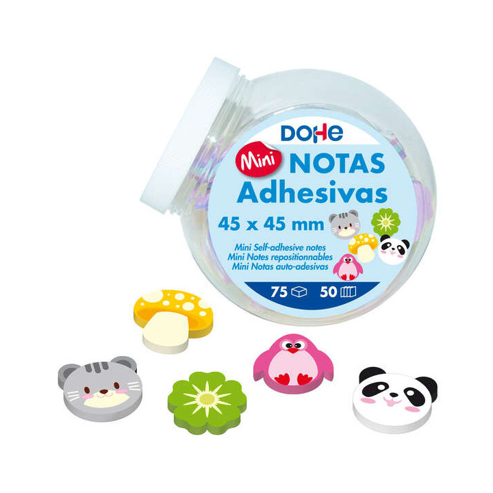 Dohe Expositor de 75 Mini Blocs de 50 Notas Adhesivas Impresas - Tamaño 45x45mm - Formas Surtidas - Colores Surtidos