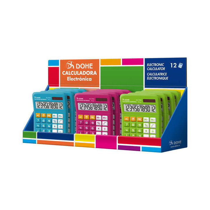 Dohe Expositor de 12 Calculadoras - Alimentacion Solar y a Pilas - 12 Digitos - Teclas de Memoria - Colores Surtidos