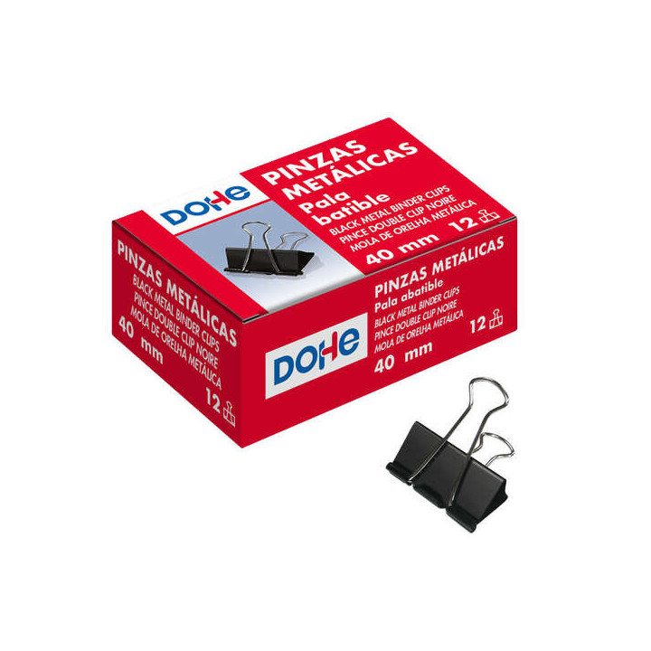 Dohe 12 Pinzas Metalicas Sujetapapeles de Pala Abatible - 50mm - Acero de Gran Resistencia - Color Negro