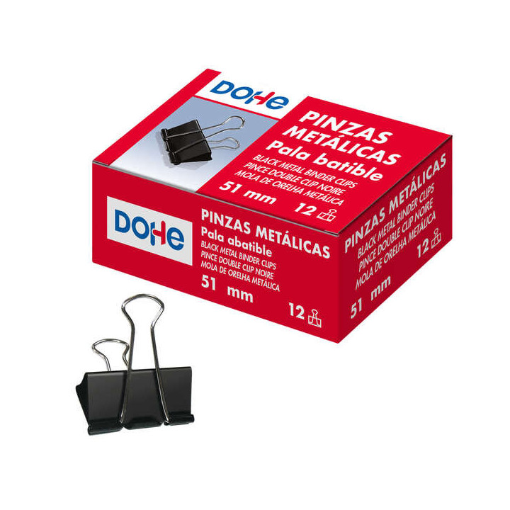 Dohe 12 Pinzas Metalicas Sujetapapeles de Pala Abatible - 50mm - Acero de Gran Resistencia - Color Negro