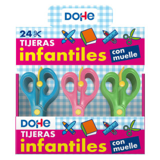 Dohe Expositor de 24 Tijeras Escolares de 136mm - Hojas y Mango Ergonomico de Plastico - Puntas Redondeadas - Muelle para Facil