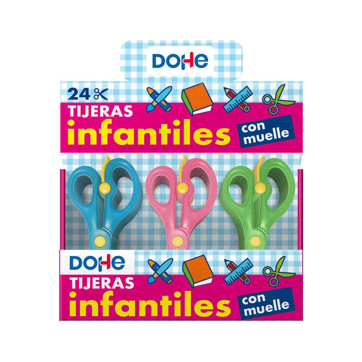 Dohe Expositor de 24 Tijeras Escolares de 136mm - Hojas y Mango Ergonomico de Plastico - Puntas Redondeadas - Muelle para Facil