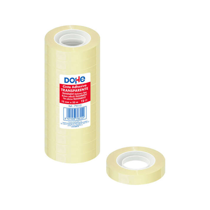 Dohe Pack de 12 Cintas Adhesivas de Polipropileno 12mmx33m - Alta Resistencia y Potente Adhesivo - Transparente
