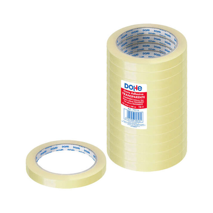 Dohe Pack de 12 Cintas Adhesivas de Polipropileno 12mm x 66m- Alta Resistencia y Potente Adhesivo - Transparente