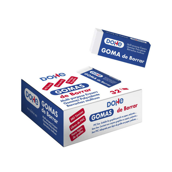 Dohe Expositor con 32 Gomas de Borrar Libres de PVC 59x23x10mm - Borrado Suave y Eficaz - Para todo tipo de Lapices - Color Bla