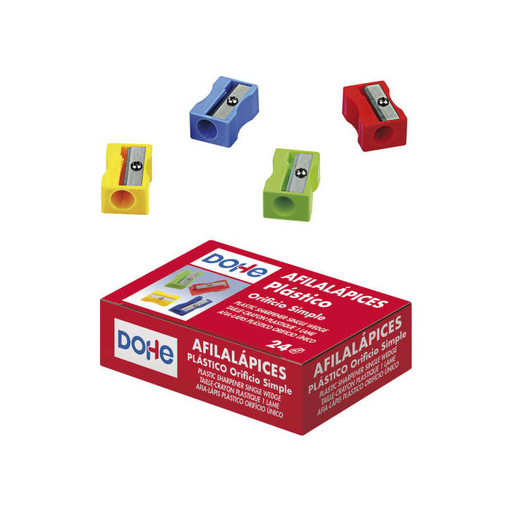 Dohe Caja de 24 Afilalapices de Plastico Resistente - Forma Rectangular - Cuchilla de Acero - Colores Surtidos