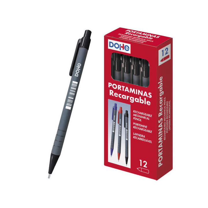 Dohe Portaminas Recargable - 0.5mm - Cuerpo de Plastico - Punta Acolchada Metalica - Clip - Goma de Borrar en Pulsador - Grip