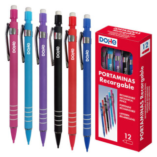 Dohe Portaminas Recargable con Cuerpo de Plastico - Zona Estriada para Agarre - Clip Metalico - Pulsador con Goma de Borrar - P