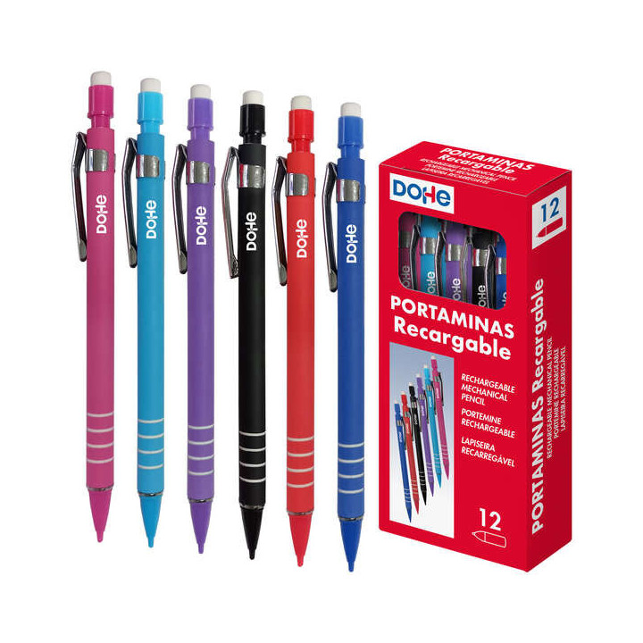 Dohe Portaminas Recargable con Cuerpo de Plastico - Zona Estriada para Agarre - Clip Metalico - Pulsador con Goma de Borrar - P