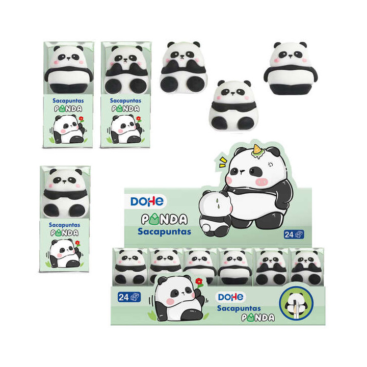 Dohe Expositor de 24 Sacapuntas - 1 Orificio y Cuchilla de Acero - Con Forma de Oso Panda