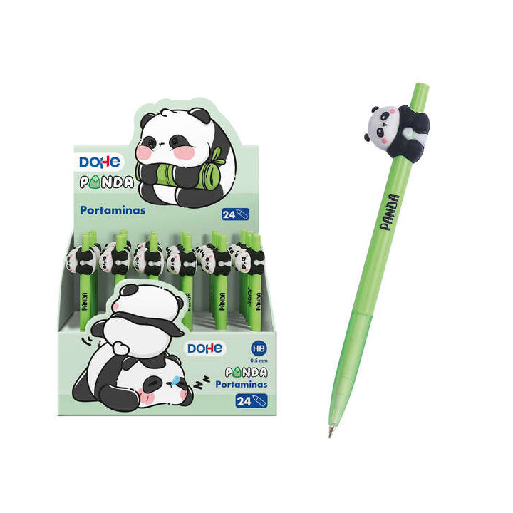 Dohe Expositor de 24 Portaminas 0.5mm - Grip de Caucho - Cuerpo Verde y Decorado con Forma de Oso Panda