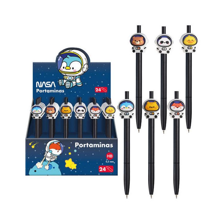 Dohe Expositor de 24 Portaminas 0.5mm - Grip de Caucho - Decorados con Motivos de Astronautas-Animales