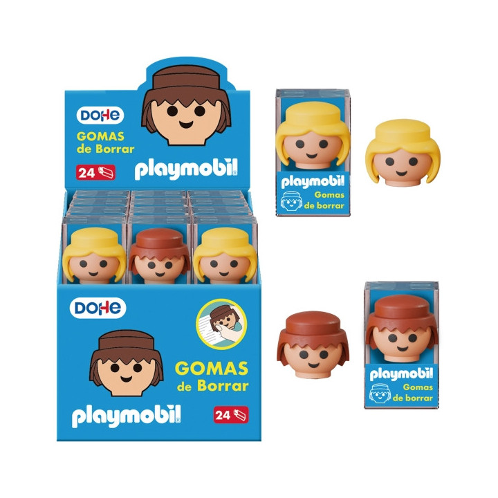 Dohe Playmobil Expositor de 24 Gomas de Borrar - Fabricadas en PVC - Con Forma de los Muñecos Playmobil