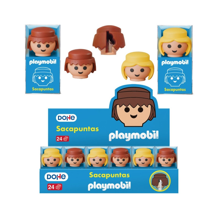 Dohe Playmobil Expositor de 24 Sacapuntas - 1 Orificio y Cuchilla de Acero - Con Forma de los Muñecos Playmobil