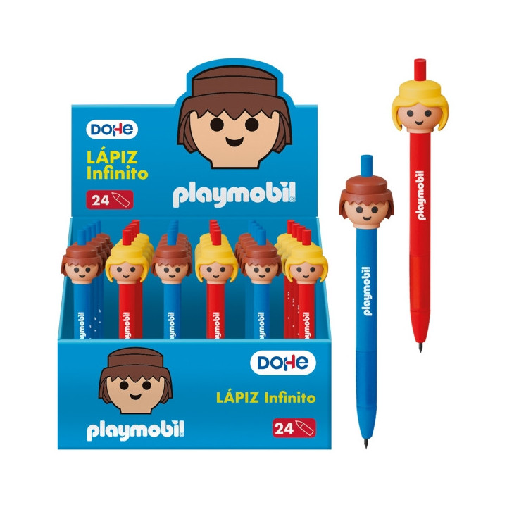 Dohe Playmobil Expositor de 24 Lapices Infinitos - Grip de Caucho - Se Borra Facilmente - Decorados con Motivos de los Muñecos